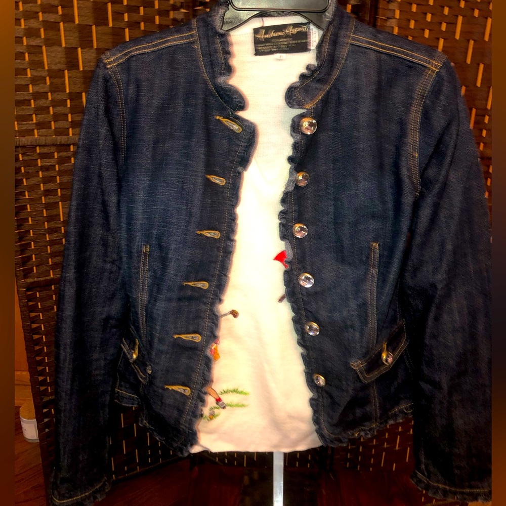 Baccini Denim jacket with ruffle trim, size small